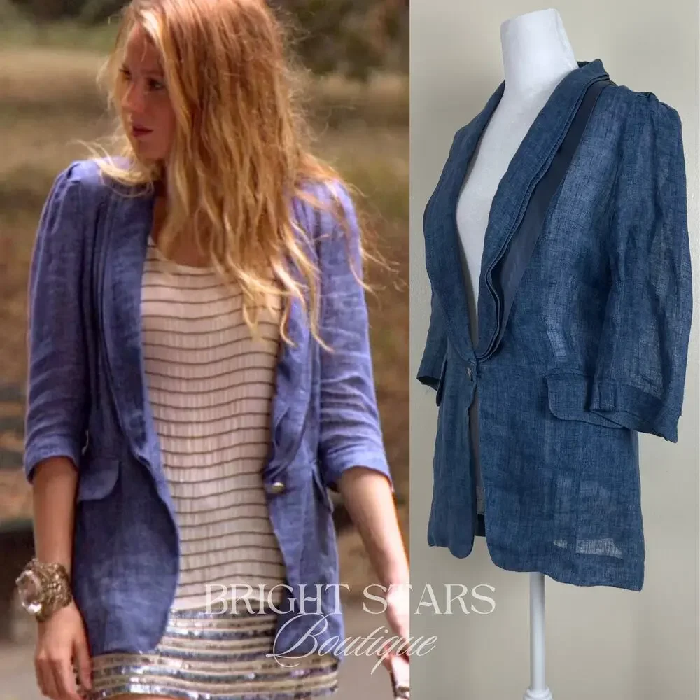 Rare Blue Linen Blazer Jacket ASO Serena Van Der Woodsen Gossip Girl Y2K - Picture 3 of 12